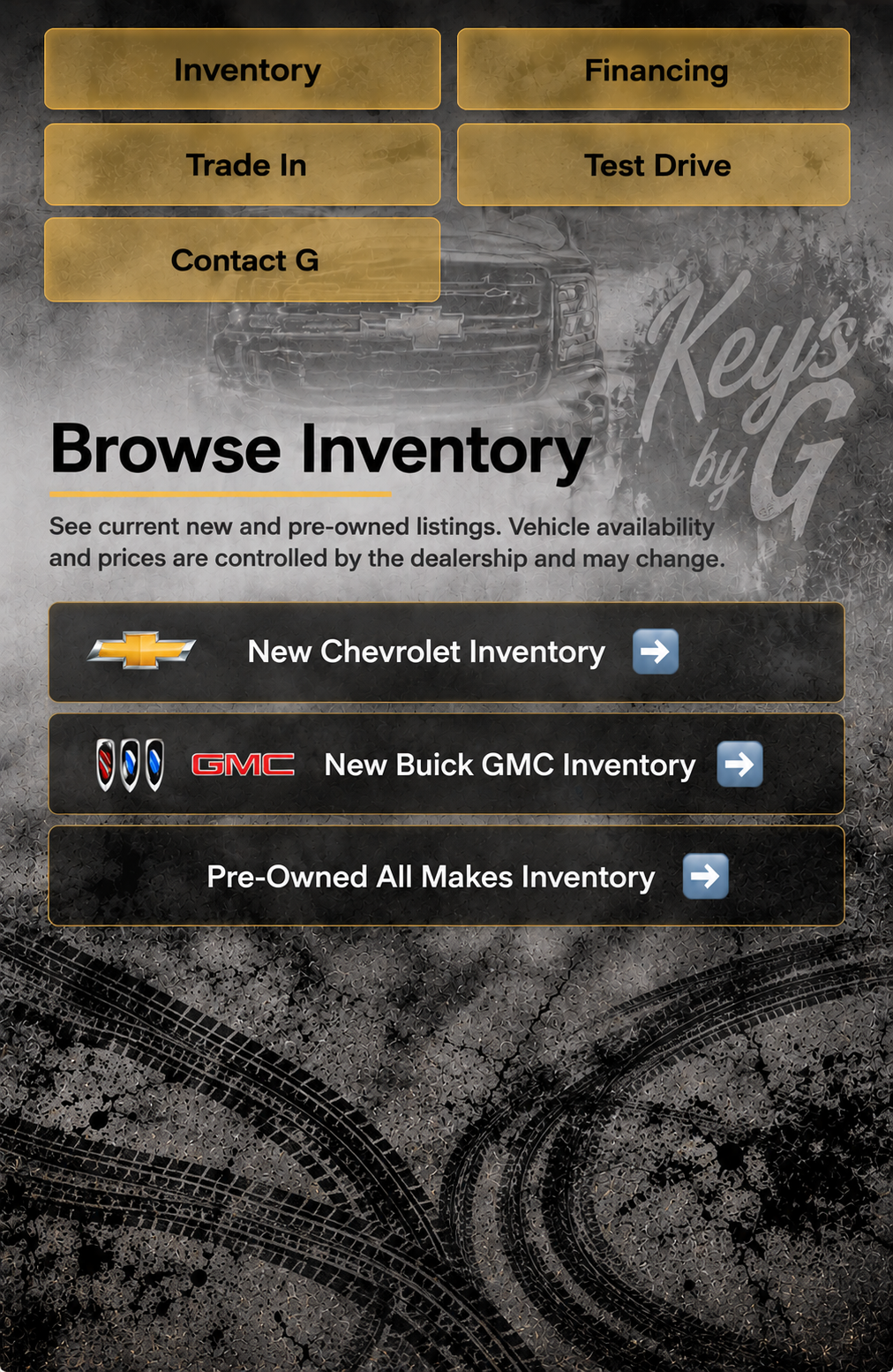 Approved textured gray Keys by G section with faded truck, logo, gold navigation and black inventory buttons